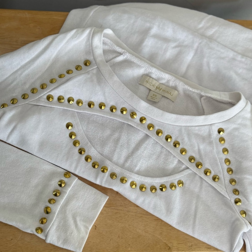 Nicki Minaj White Top/ Sweatshirt with Gold Stud Details and a Cut Out Size XS
